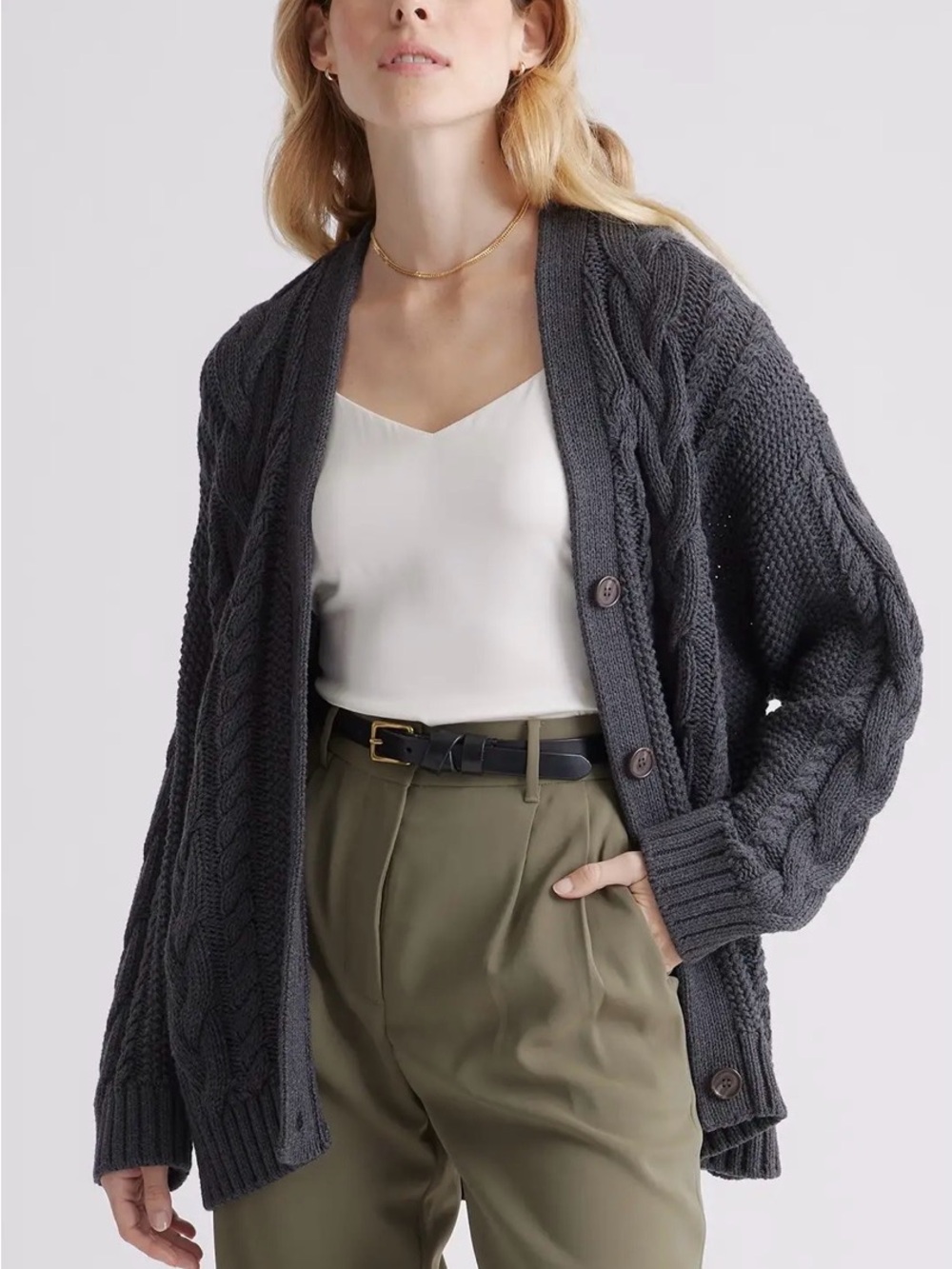 QUINCE Oversized 100% cotton Cable Knit Button-Front Cardigan - Charcoal size S